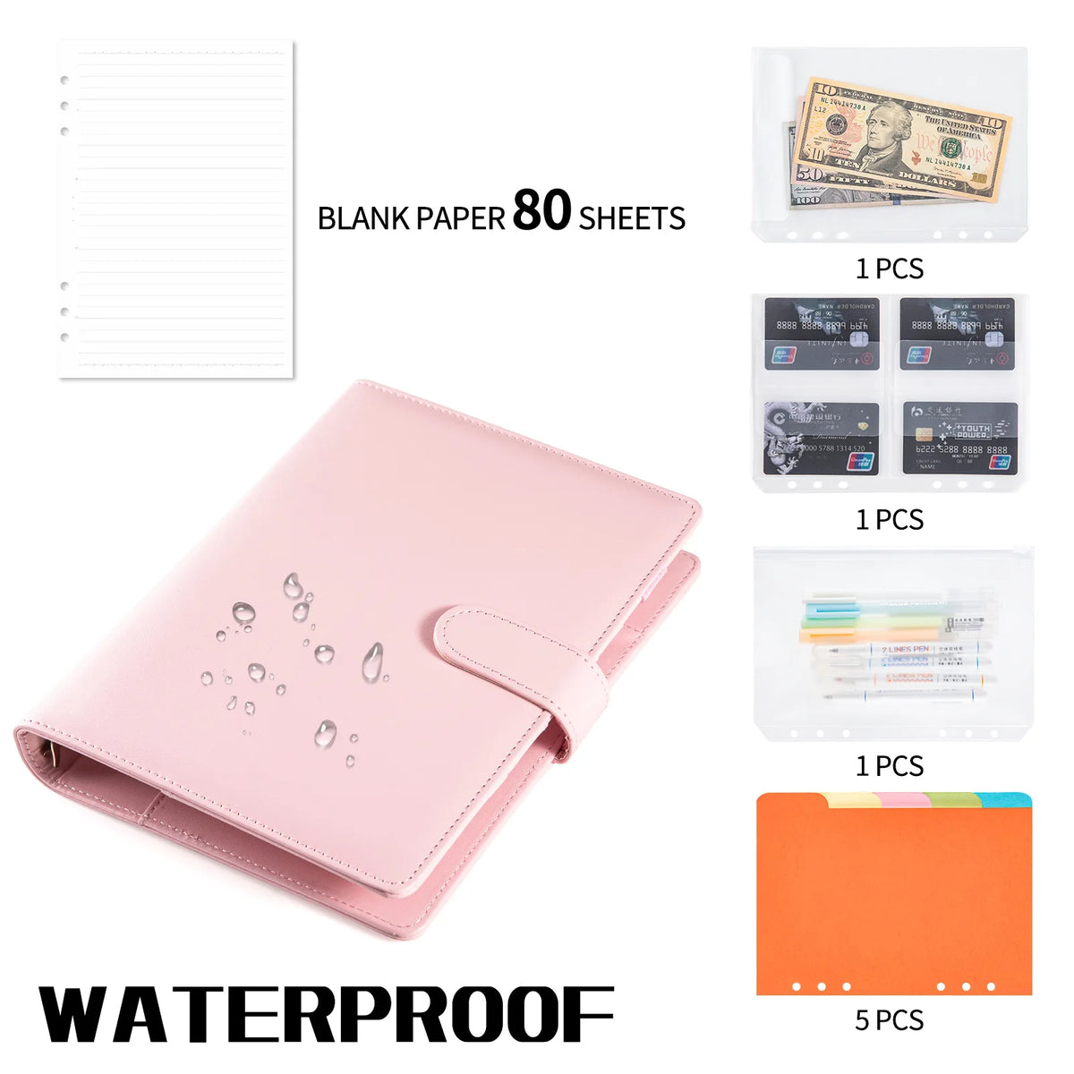 Pink A5 PU leather binder notebook with 80 sheets of blank paper and various refills