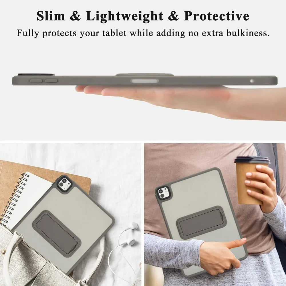 A hand holds a slim, matte protective case for a tablet, demonstrating its lightweight and protective design.