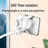 A white flexible gooseneck phone clamp mount is shown gripping an iPhone, demonstrating 360 degree free rotation.