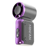 A portable USB rechargeable mini fan with a purple and gray casing and a purple fan blade.