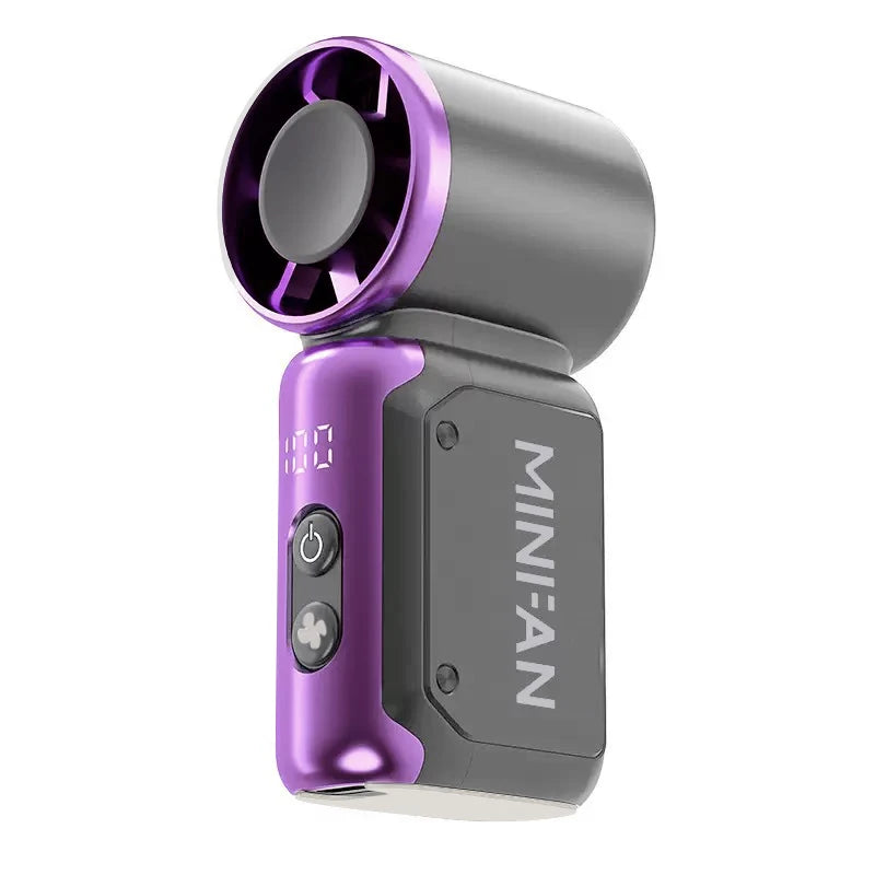 A portable USB rechargeable mini fan with a purple and gray casing and a purple fan blade.