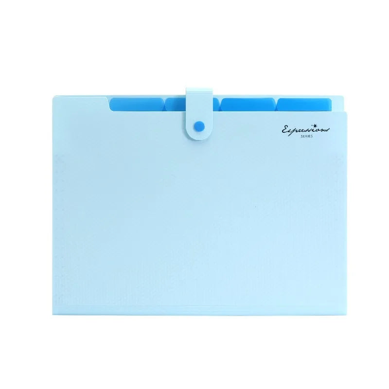 Light blue A4 document accordion folder with a snap button closure.