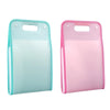 A pink accordion file organizer with a clear plastic sleeve and a light blue version.