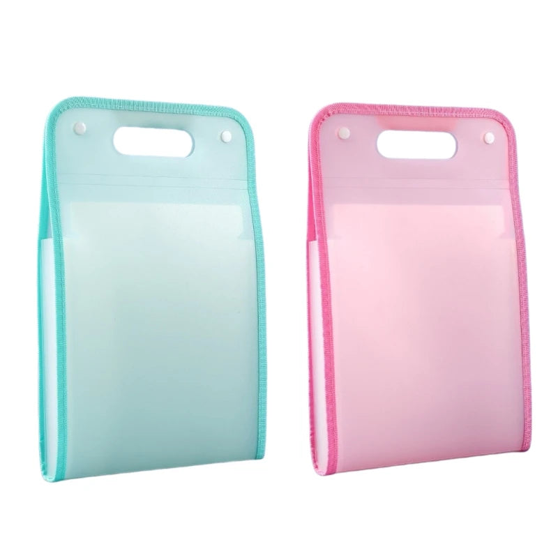 A pink accordion file organizer with a clear plastic sleeve and a light blue version.