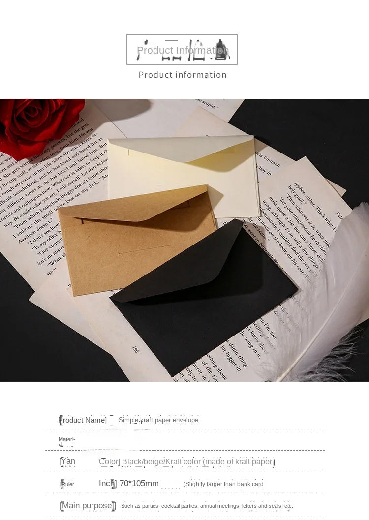 Un sobre de papel kraft marrón abierto sobre un fondo blanco junto a papel suelto y una tarjeta negra.