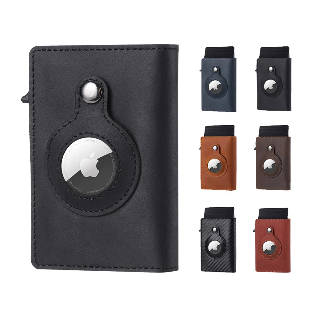 A black leather wallet with a pop-up card feature shown alongside various brown and black color options.