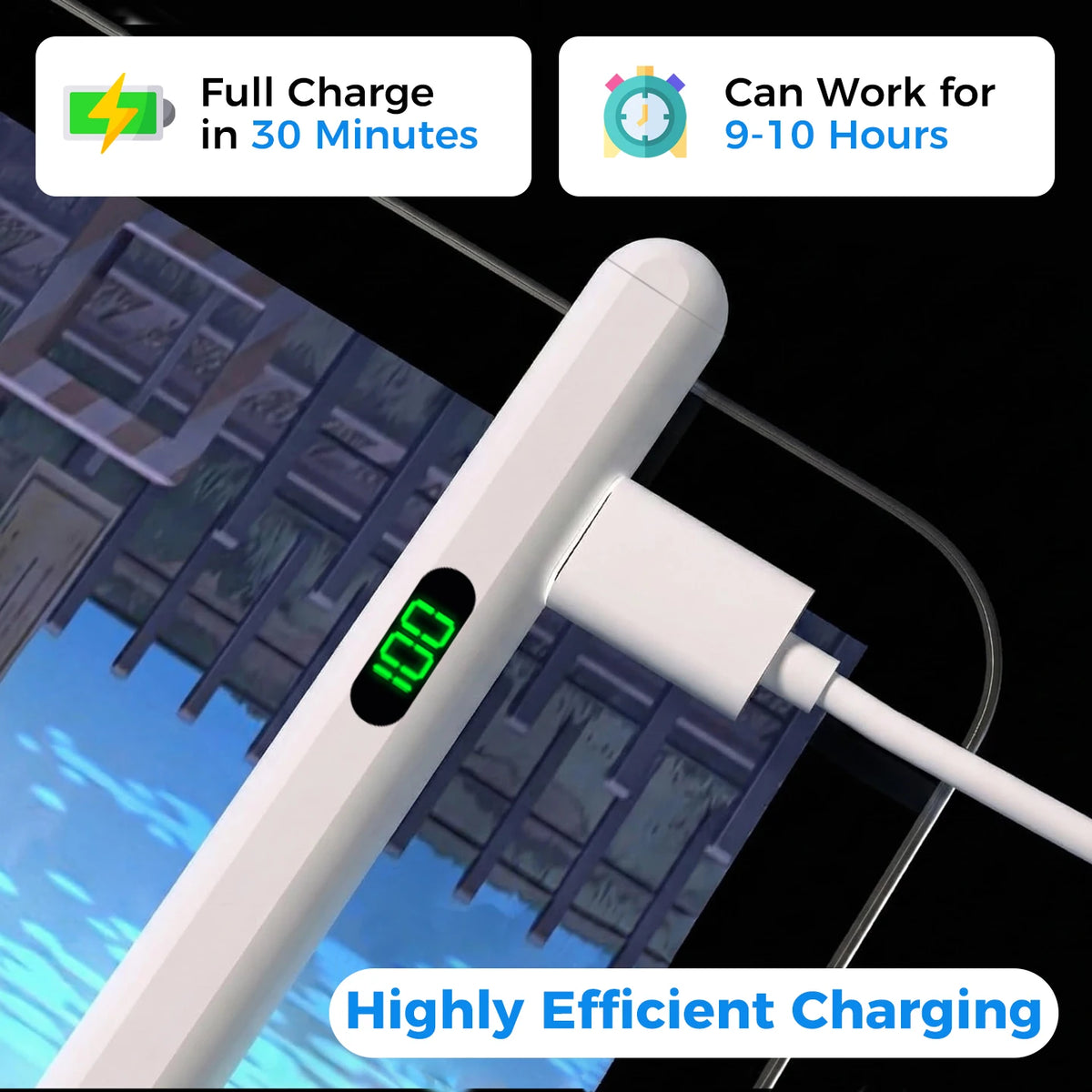A white magnetic tilt stylus pen is shown charging on a device, highlighting its efficient charging capabilities.
