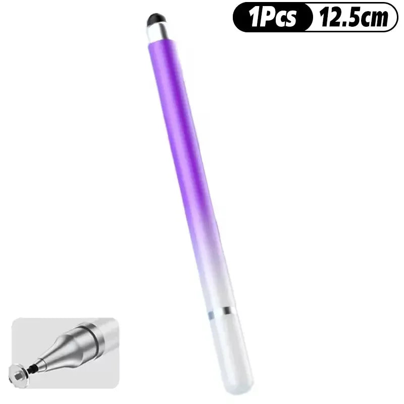 A purple and silver stylus pen with a pointed tip shown next to a close-up view.
