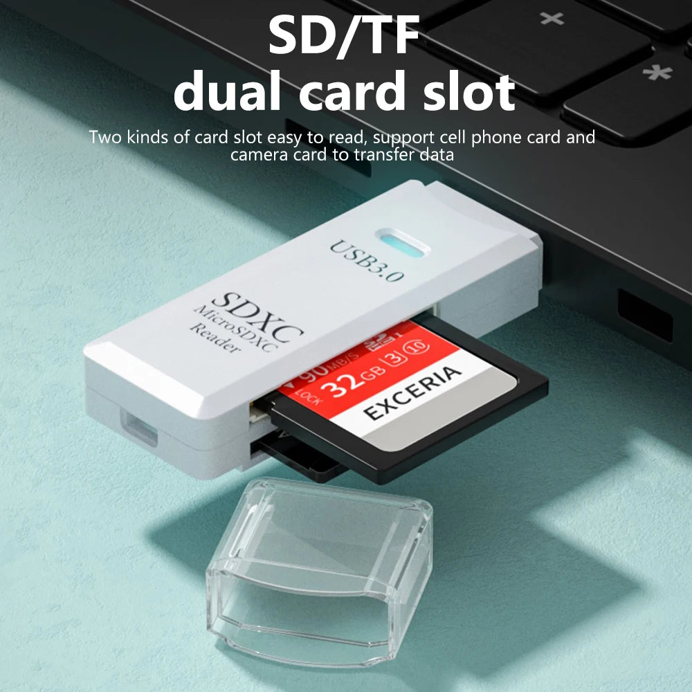 A white USB 3.0 SDXC card reader is shown next to a transparent memory card.