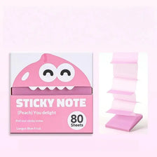 A box of 80 sheets of pearlescent transparent sticky notes in a pink design.