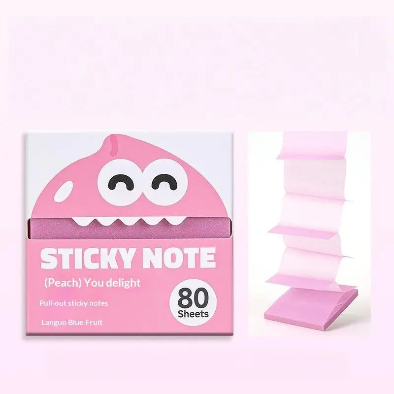 Eine Box mit 80 durchsichtigen, perlmuttartigen Haftnotizen in rosa Design.