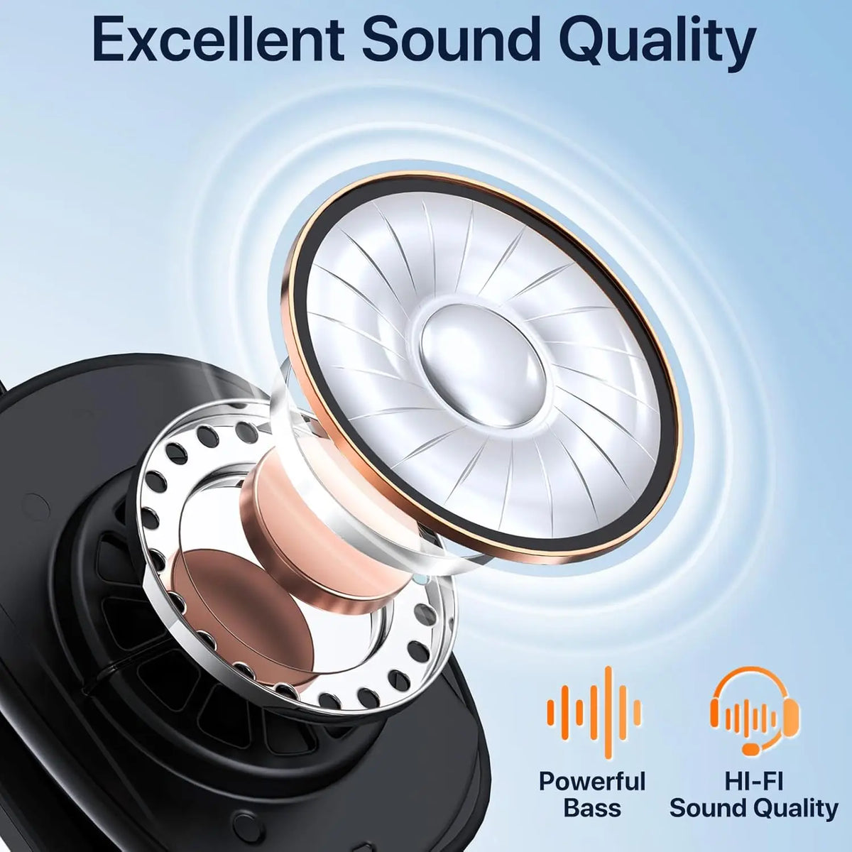 Close-up of a silver and rose gold speaker component demonstrating excellent sound quality and powerful bass.
