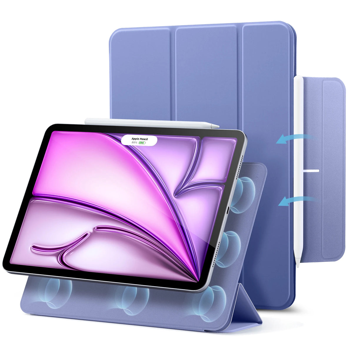 A purple magnetic folio case is shown with an iPad Air tablet inside, displaying a pink screen.
