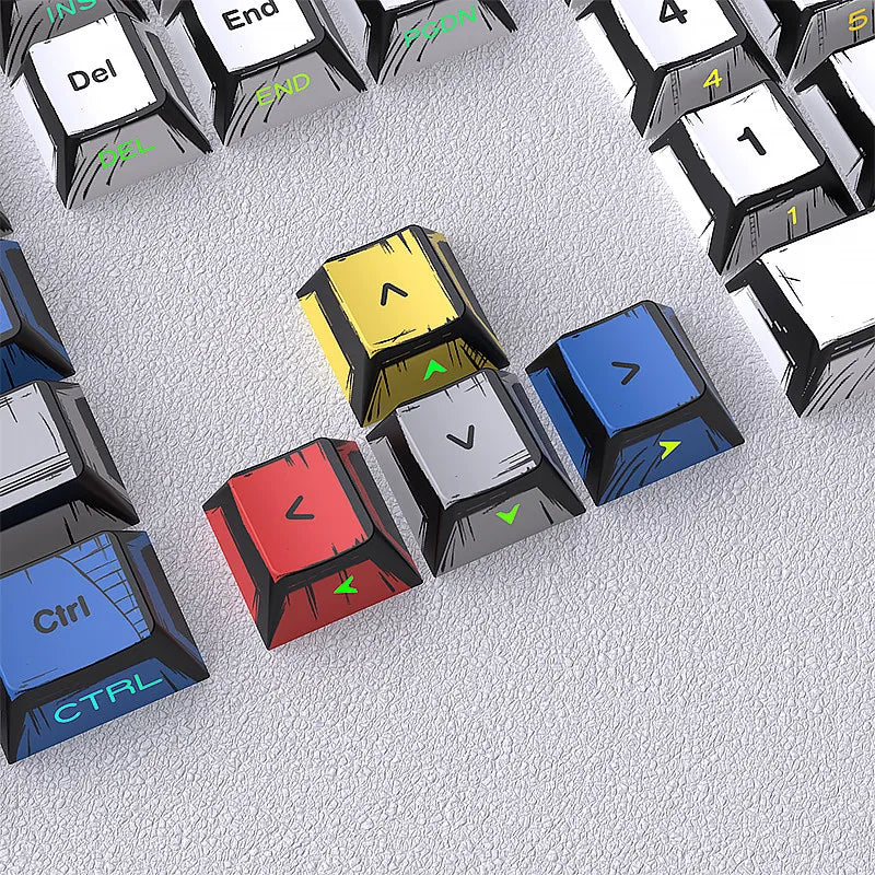 A close-up view of a set of translucent PBT keycaps for a mechanical keyboard, showing various colors and symbols.