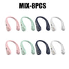 Eight hands-free neck fans in various pastel and dark colors displayed side by side.