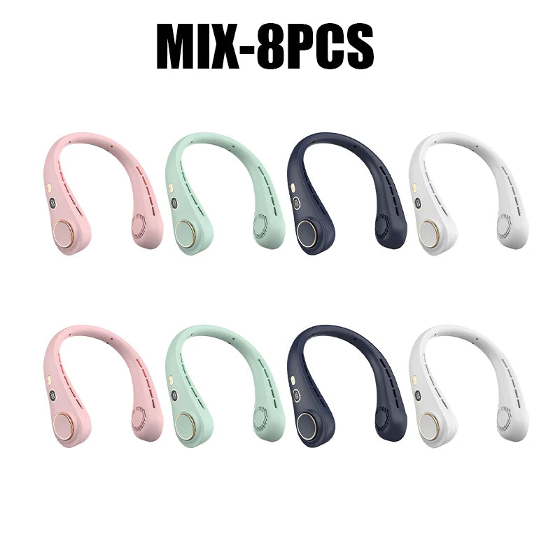 Eight hands-free neck fans in various pastel and dark colors displayed side by side.