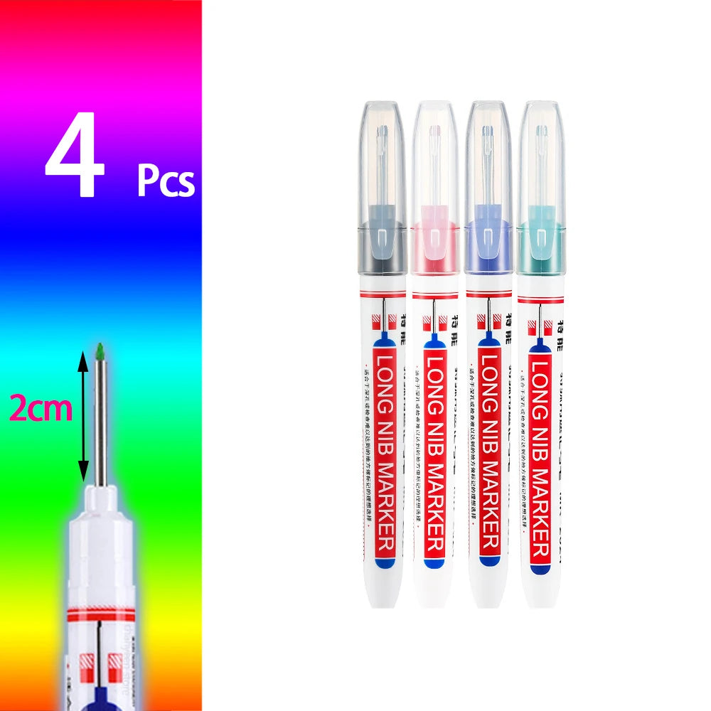 Four long nib marker pens in various colors displayed next to a ruler showing 2cm length.