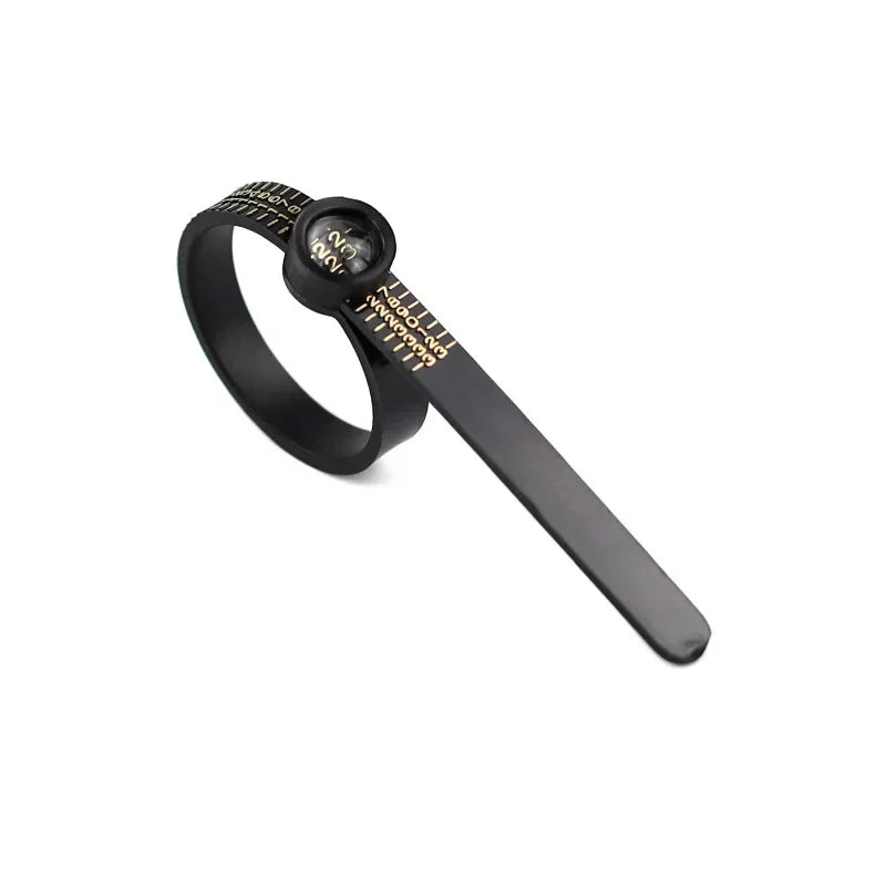 A black ring sizer and measuring tool with a magnifier is shown on a white background.