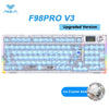 A transparent mechanical keyboard featuring an upgraded version design with RGB lighting and ice crystal accents.