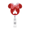 Roter Mickey-Maus-Badge-Roll mit glitzerndem Schleif und Schlossdesign.