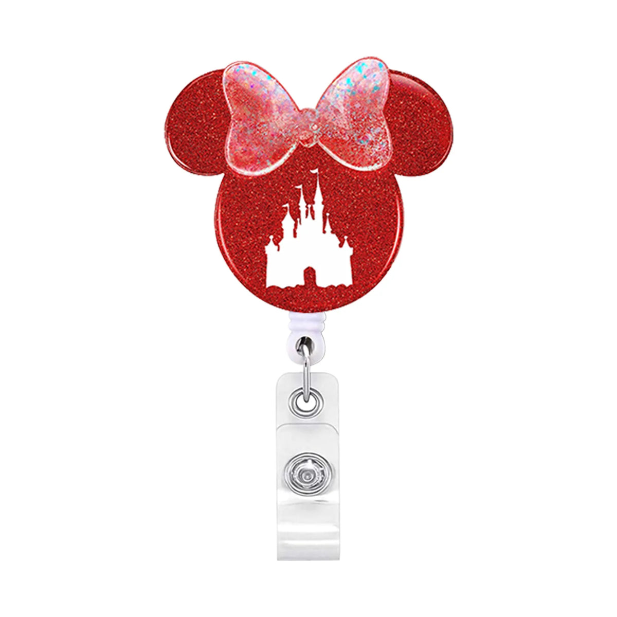 Roter Mickey-Maus-Badge-Roll mit glitzerndem Schleif und Schlossdesign.