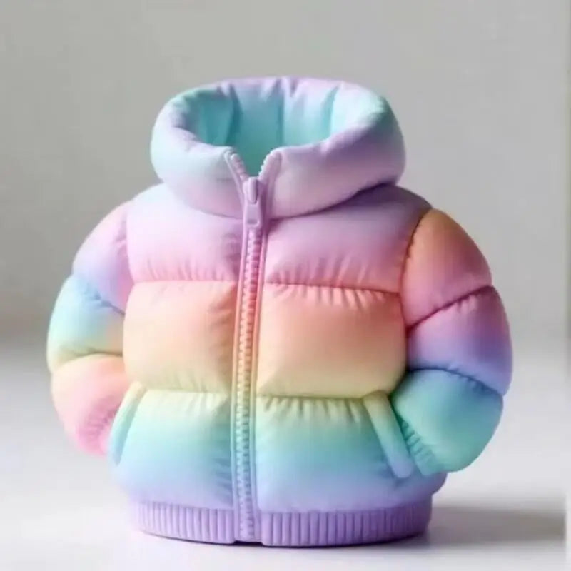 A pastel purple and blue puffer jacket pen holder with a quilted texture.