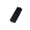 A black, rectangular USB flash drive with a rotating mechanism.
