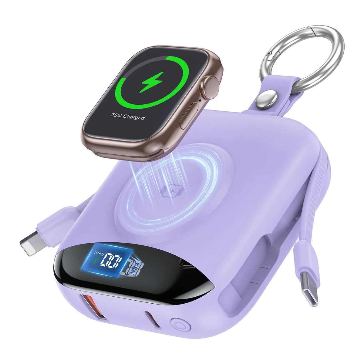 A purple portable power bank with a gold-colored smartwatch attached, showing a battery charge indicator.