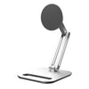 A silver foldable magnetic tablet stand with an adjustable viewing angle.