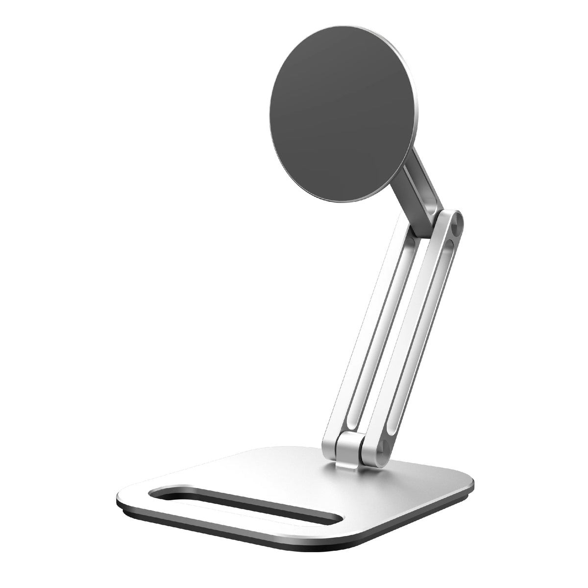 A silver foldable magnetic tablet stand with an adjustable viewing angle.
