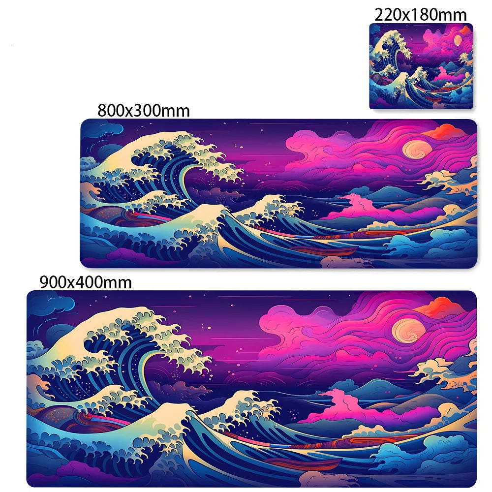 A vibrant digital illustration of The Great Wave of Kanagawa on a mouse pad.