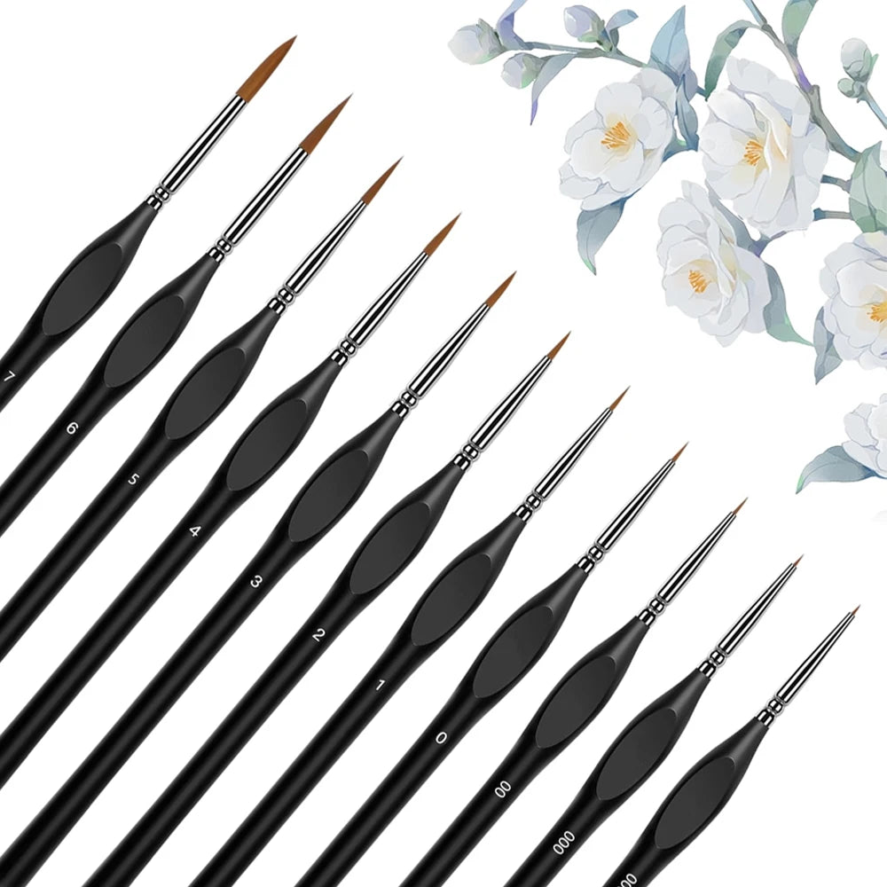 A set of professional miniature paint brushes with black handles and fine tips, displayed against a white background.