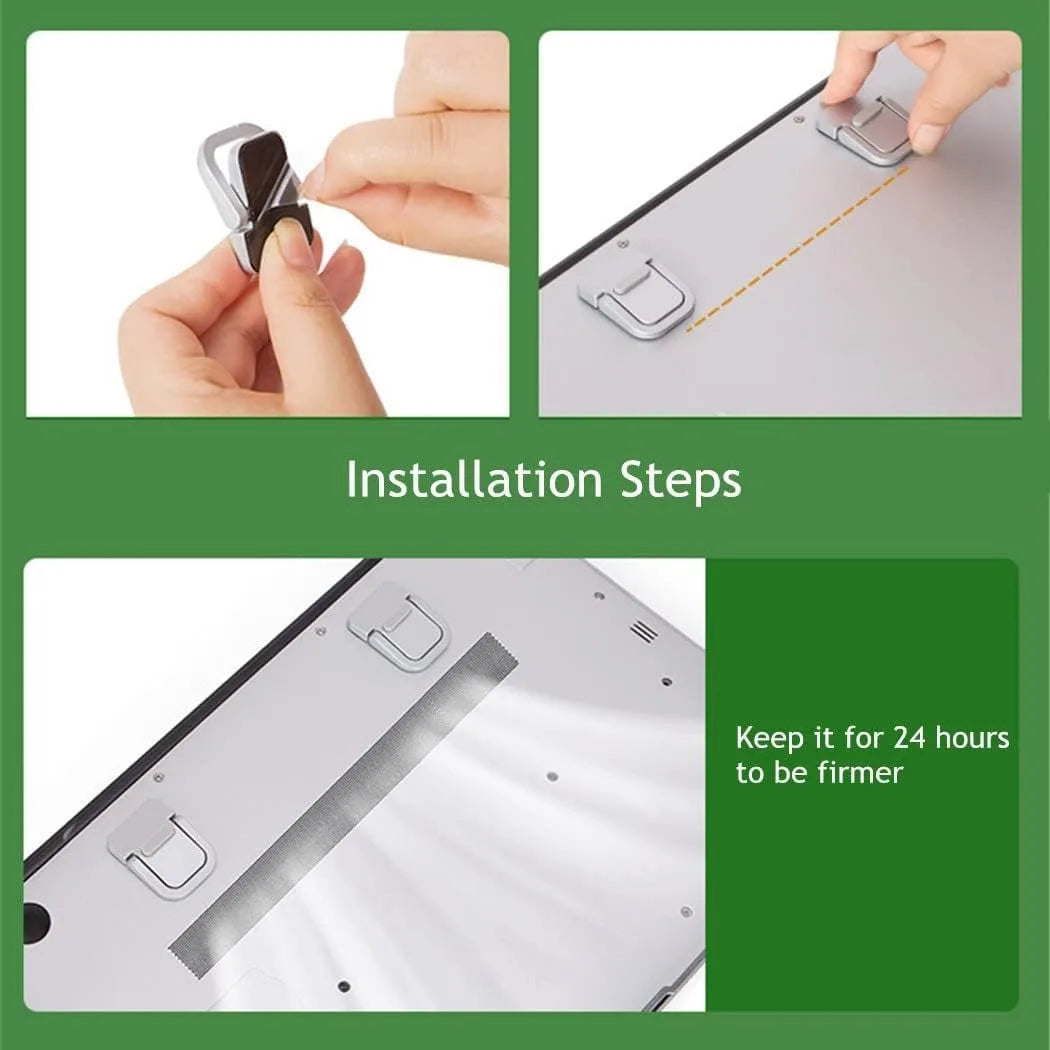 Installation steps showing how to attach a portable laptop keyboard riser stand to a device.