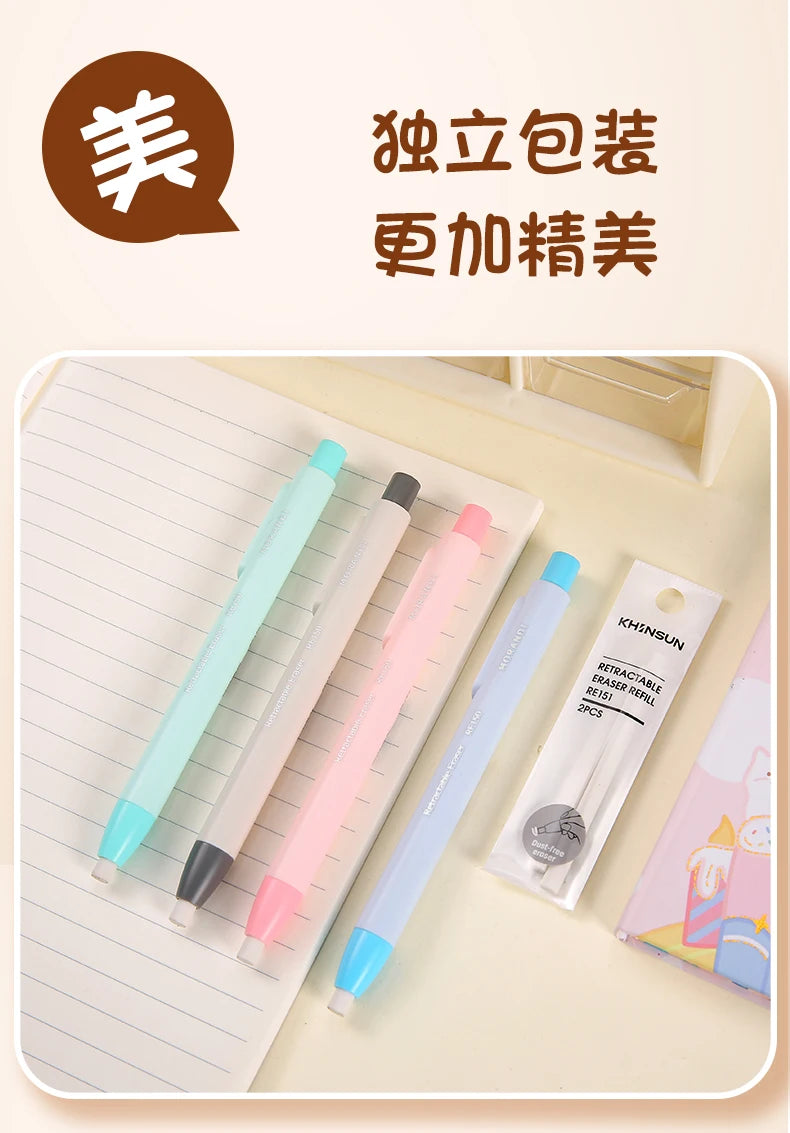 A set of five pink and blue retractable pencils and an eraser refill packaged in a white plastic sleeve.