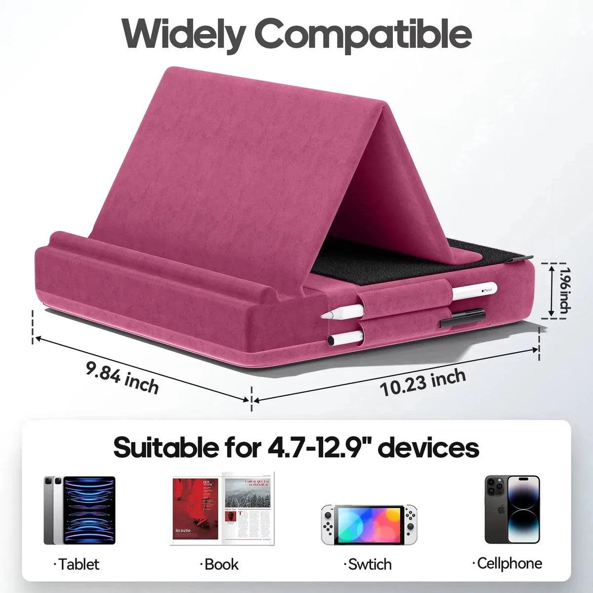 A pink foldable tablet pillow stand with a black case and stylus holders shown in an open angle.