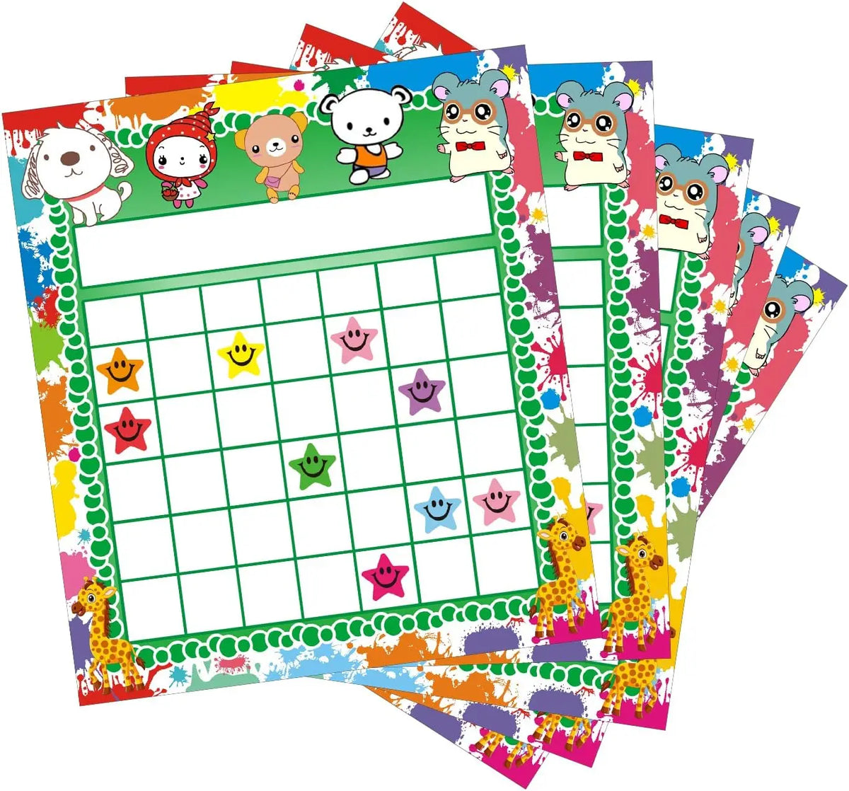 A colorful set of incentive reward charts for kids behavior tracking, featuring various animal characters and grid layouts.