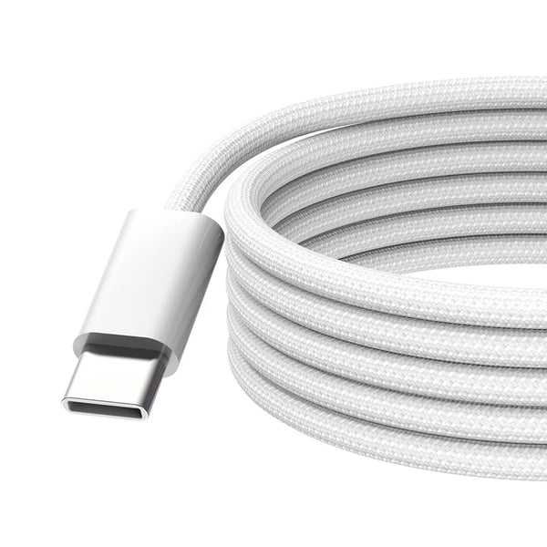 A white braided USB-C to USB-C charging cable coiled and shown with its connector end.