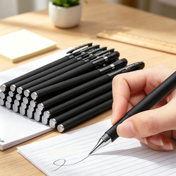A hand writes on lined paper using a black precision gel pen from a set of writing instruments.