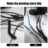 Before and after comparison showing a cable organizer kit tidying up messy wires on a desk.