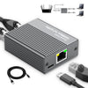 A gray Ethernet switch splitter device with cables and a laptop shown in relation to network connections.