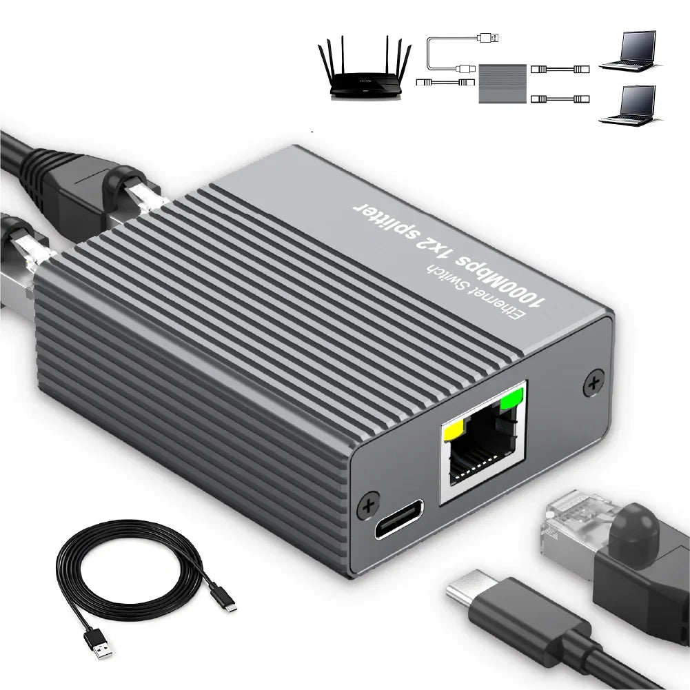A gray Ethernet switch splitter device with cables and a laptop shown in relation to network connections.