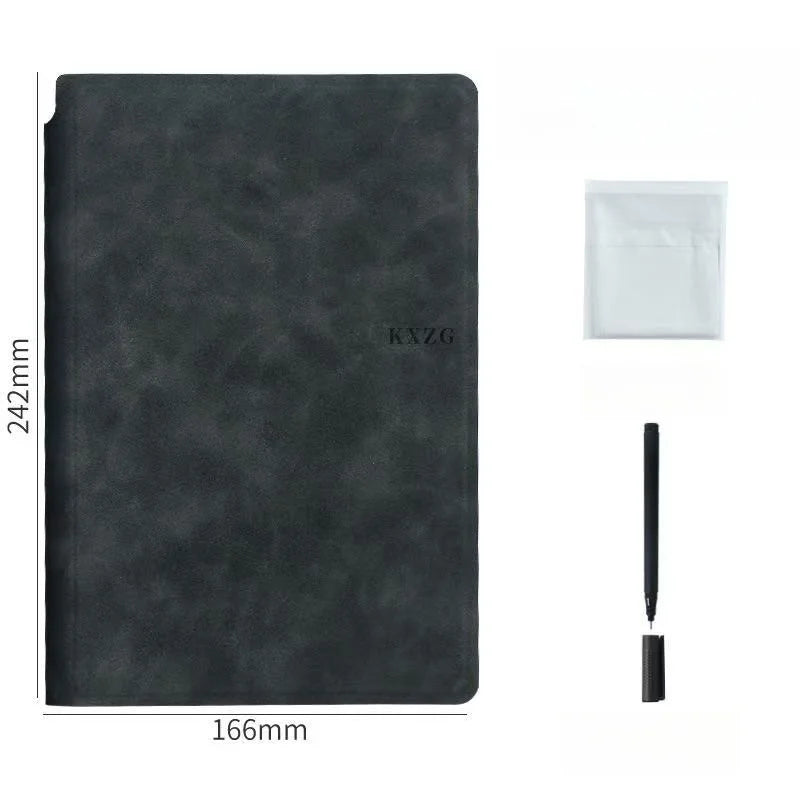 A black reusable dry erase whiteboard set with a planner, including the board and cleaning cloth.