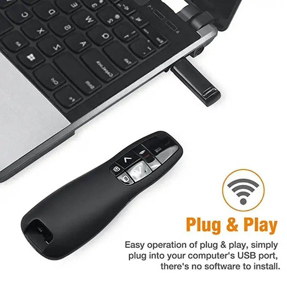 A black wireless presentation pen and remote control are shown next to a laptop keyboard.