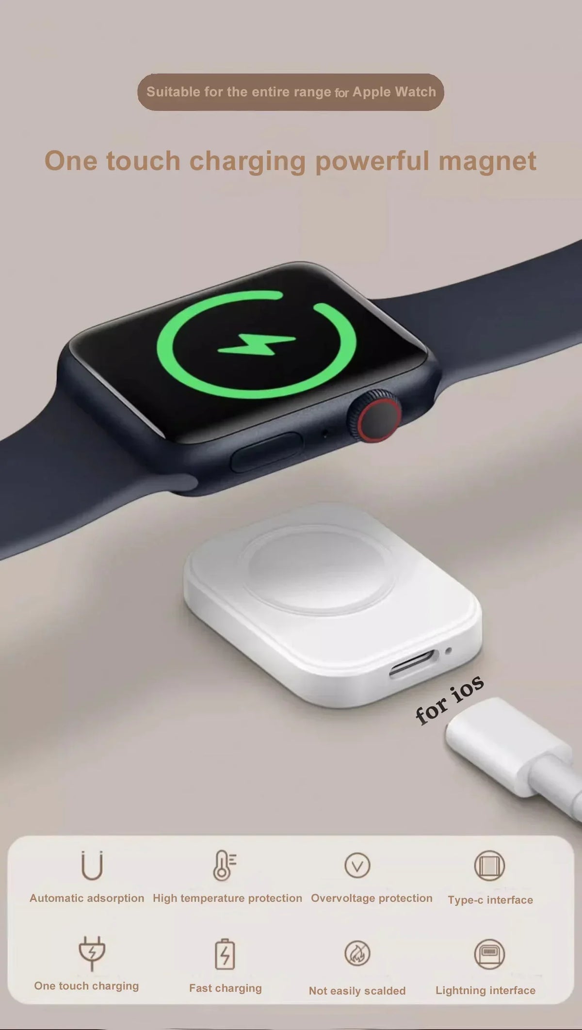 A magnetic wireless charger for an Apple Watch is shown next to a charging puck, highlighting features like one touch chargin