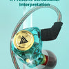 A pair of QKZ-AK3 professional moving coil unit earphones with a clear blue body and gold accents.