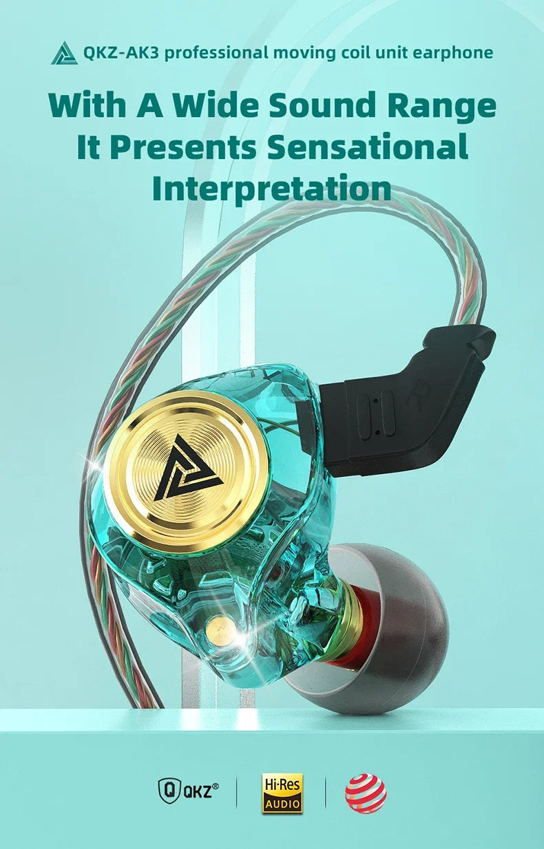 A pair of QKZ-AK3 professional moving coil unit earphones with a clear blue body and gold accents.