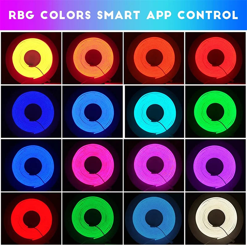 Una cuadrícula que muestra varios colores RGB de tiras de LED de neón flexibles controladas por una aplicación inteligente.