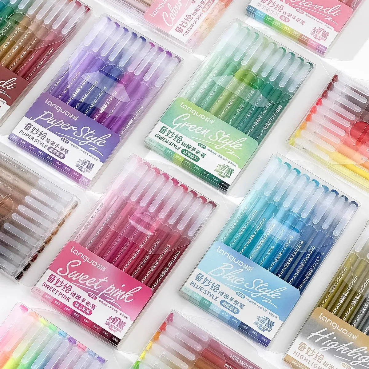 A collection of Lanquo gel pens in various colors including purple, green, pink, and blue, displayed in a grid format.