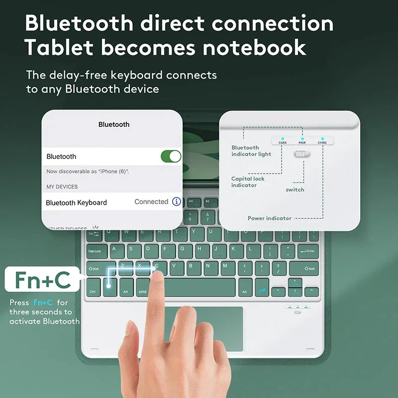 A hand presses a Fn+C key on a Bluetooth keyboard case to connect it to an iPad notebook.