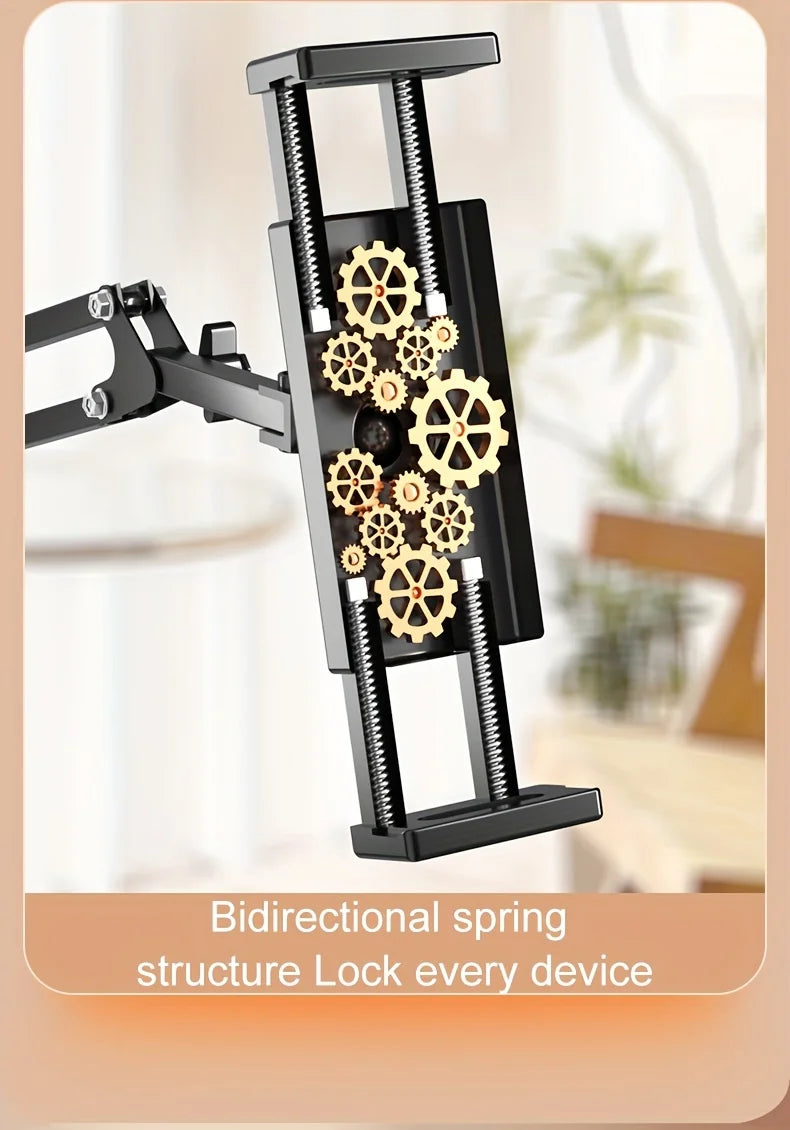 Black adjustable tablet holder featuring a bidirectional spring structure and gears for secure device locking